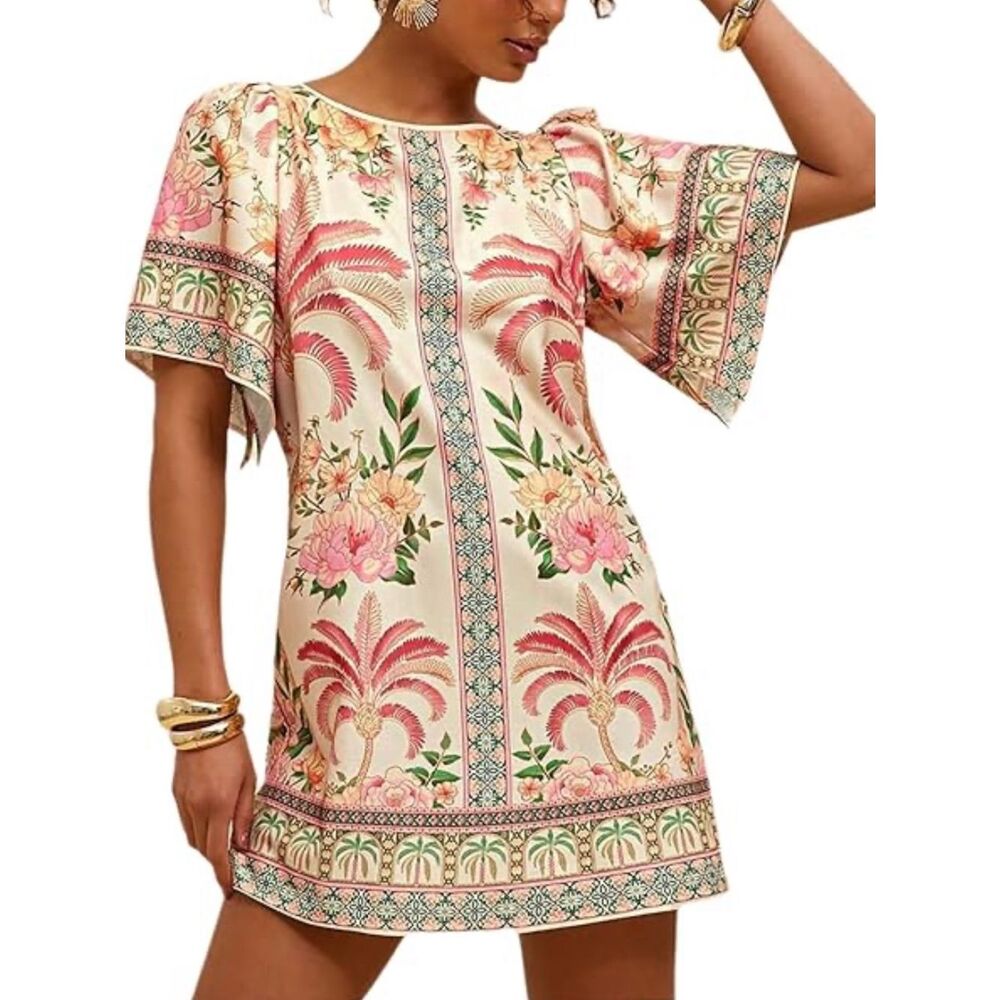 Floral Palm Print Dress with Pink and Green Accents